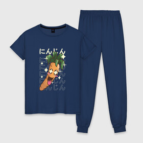 Женская пижама хлопок с принтом Японская кавайная морковка в Санкт-Петербурге, 100% хлопок | брюки и футболка прямого кроя, без карманов, на брюках мягкая резинка на поясе и по низу штанин | Тематика изображения на принте: anime | art | carrot | carrots | cute | fashion | japan | japanese | kanji | kawaii | manga | vegan | vegetables | алфавит | аниме | арт | в японском стиле | веган | кандзи | манга | милота | морковь | овощ | овощи | смех | японские буквы | япо