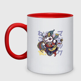 Кружка двухцветная с принтом Аниме кот Арлекин в Санкт-Петербурге, керамика | объем — 330 мл, диаметр — 80 мм. Цветная ручка и кайма сверху, в некоторых цветах — вся внутренняя часть | anime | art | cat | clown | cute | folklore | harlequin | japan | japanese | kanji | kawaii | kitten | kitty | manga | арт | в японском стиле | кандзи | клоун | котёнок | манга | милота | средневековый кот | фольклор | шут | японские буквы | яп