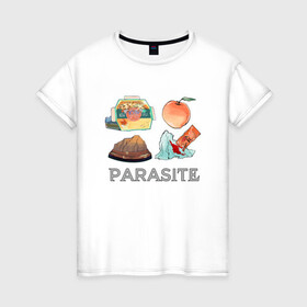 Женская футболка хлопок с принтом Parasite Food в Санкт-Петербурге, 100% хлопок | прямой крой, круглый вырез горловины, длина до линии бедер, слегка спущенное плечо | bong joon ho | cinema | korea | movie | parasite | актер | драма | канны | кино | комедия | корея | оскар | паразиты | пон чжун хо | режиссер | семья | триллер