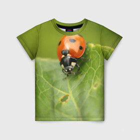 Детская футболка 3D с принтом Божья коровка в Санкт-Петербурге, 100% гипоаллергенный полиэфир | прямой крой, круглый вырез горловины, длина до линии бедер, чуть спущенное плечо, ткань немного тянется | божья | жук | жуки | жучки | жучок | зелень | коровка | лист | листок | листья | насекомое | насекомые | природа | пятнистые | пятнистый | растение | растения | фауна | флора