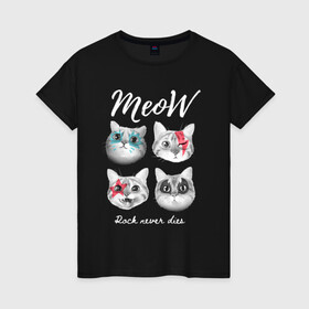 Женская футболка хлопок с принтом РОК КОТЫ в Санкт-Петербурге, 100% хлопок | прямой крой, круглый вырез горловины, длина до линии бедер, слегка спущенное плечо | and | cat | cats | cute | funny | heavy | kitten | kitty | meow | metal | music | n | pet | rock | roll | star | кот | котик | коты | кошка | кошки | крутой | музыка | рок
