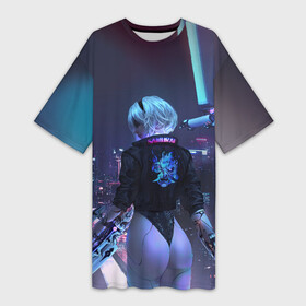 Платье-футболка 3D с принтом Nier X Cyberpunk в Санкт-Петербурге,  |  | automata | cyberpunk | game | nier | robots | yorha | андроид | аниме | воин | девушка | игра | киберпанк | неон | нир | робот | самурай | экшн
