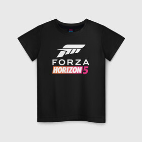 Детская футболка хлопок с принтом Forza Horizon 5 Форза в Санкт-Петербурге, 100% хлопок | круглый вырез горловины, полуприлегающий силуэт, длина до линии бедер | auto | avto | car | forza | game | horizon | motorsport | nfs | race | speed | авто | гонки | игра | машина | нфс | скорость | форза | хорайзен