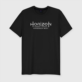 Мужская футболка хлопок Slim с принтом Horizon Forbidden West в Санкт-Петербурге, 92% хлопок, 8% лайкра | приталенный силуэт, круглый вырез ворота, длина до линии бедра, короткий рукав | Тематика изображения на принте: aloy | dawn | forbidden | horizon | west | zero | вест | нора | племя | форбидден | хорайзен | хоризон | элой