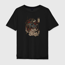 Мужская футболка хлопок Oversize с принтом Warrior on Skull в Санкт-Петербурге, 100% хлопок | свободный крой, круглый ворот, “спинка” длиннее передней части | samurai | войн | иероглифы | монстр | ниндзя | рыцарь | самурай | скелет | череп | япония