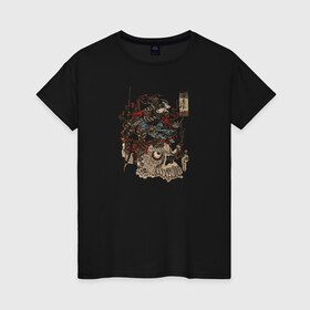 Женская футболка хлопок с принтом Warrior on Skull в Санкт-Петербурге, 100% хлопок | прямой крой, круглый вырез горловины, длина до линии бедер, слегка спущенное плечо | samurai | войн | иероглифы | монстр | ниндзя | рыцарь | самурай | скелет | череп | япония