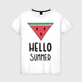 Женская футболка хлопок с принтом HELLO SUMMER в Санкт-Петербурге, 100% хлопок | прямой крой, круглый вырез горловины, длина до линии бедер, слегка спущенное плечо | funny | happy | hello | icecream | rainbow | romantic | summer | sun | арбуз | веселье | значки | лето | отдых | отпуск | привет | романтика | солнце | счастье | тепло