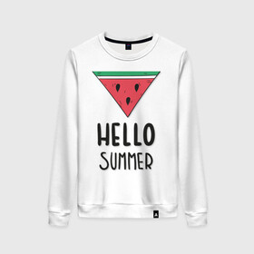 Женский свитшот хлопок с принтом HELLO SUMMER в Санкт-Петербурге, 100% хлопок | прямой крой, круглый вырез, на манжетах и по низу широкая трикотажная резинка  | funny | happy | hello | icecream | rainbow | romantic | summer | sun | арбуз | веселье | значки | лето | отдых | отпуск | привет | романтика | солнце | счастье | тепло