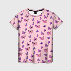Женская футболка 3D с принтом Бабочки фиолетовые 2 в Санкт-Петербурге, 100% полиэфир ( синтетическое хлопкоподобное полотно) | прямой крой, круглый вырез горловины, длина до линии бедер | бабочка | бабочки | насекомые | нежный | рисунок | роза | сирень | цветочек | цветочный | цветы