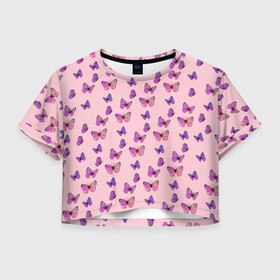 Женская футболка Crop-top 3D с принтом Бабочки фиолетовые 2 в Санкт-Петербурге, 100% полиэстер | круглая горловина, длина футболки до линии талии, рукава с отворотами | бабочка | бабочки | насекомые | нежный | рисунок | роза | сирень | цветочек | цветочный | цветы