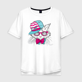 Мужская футболка хлопок Oversize с принтом Cool Cat в Санкт-Петербурге, 100% хлопок | свободный крой, круглый ворот, “спинка” длиннее передней части | белый кот | иллюстрация | киска | котик | сats