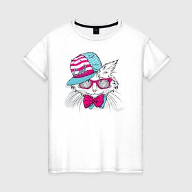 Женская футболка хлопок с принтом Cool Cat в Санкт-Петербурге, 100% хлопок | прямой крой, круглый вырез горловины, длина до линии бедер, слегка спущенное плечо | белый кот | иллюстрация | киска | котик | сats