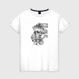 Женская футболка хлопок с принтом OCTOPUS SKULL в Санкт-Петербурге, 100% хлопок | прямой крой, круглый вырез горловины, длина до линии бедер, слегка спущенное плечо | монстр | морской | осьминог | пират | скелет | тату | татуировка | череп | щупальцы