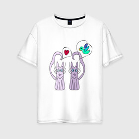 Женская футболка хлопок Oversize с принтом Фиолетовые котики 2 в Санкт-Петербурге, 100% хлопок | свободный крой, круглый ворот, спущенный рукав, длина до линии бедер
 | кот | любовь | милый | птица | сердце