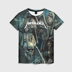 Женская футболка 3D с принтом Metallica Metal Skull в Санкт-Петербурге, 100% полиэфир ( синтетическое хлопкоподобное полотно) | прямой крой, круглый вырез горловины, длина до линии бедер | american | james hetfield | kirk hammett | metal band | metallica | music | mystic | rock | американская | джеймс хетфилд | металлика | музыка | рок | скилет | череп