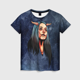 Женская футболка 3D с принтом Демоница в Санкт-Петербурге, 100% полиэфир ( синтетическое хлопкоподобное полотно) | прямой крой, круглый вырез горловины, длина до линии бедер | арт | графика | девушка | демон | люди | мистика | рога