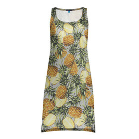 Платье-майка 3D с принтом ананасы в Санкт-Петербурге, 100% полиэстер | полуприлегающий силуэт, широкие бретели, круглый вырез горловины, удлиненный подол сзади. | ананас | бесшовный | в разрезе | много ананасов | половинка ананаса | сочный