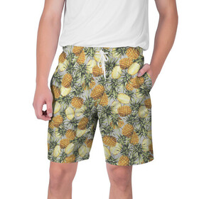 Мужские шорты 3D с принтом ананасы в Санкт-Петербурге,  полиэстер 100% | прямой крой, два кармана без застежек по бокам. Мягкая трикотажная резинка на поясе, внутри которой широкие завязки. Длина чуть выше колен | ананас | бесшовный | в разрезе | много ананасов | половинка ананаса | сочный