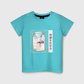 Детская футболка хлопок с принтом Японское кавайное молоко в Санкт-Петербурге, 100% хлопок | круглый вырез горловины, полуприлегающий силуэт, длина до линии бедер | anime | art | carton | cocktail | cute | food | japan | japanese | kanji | kawaii | manga | milk | алфавит | аниме | арт | в японском стиле | звёзды | кандзи | картон | манга | милота | молочный коктейль | облака | стиль токио | японские буквы 