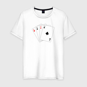 Мужская футболка хлопок с принтом Четыре карты в Санкт-Петербурге, 100% хлопок | прямой крой, круглый вырез горловины, длина до линии бедер, слегка спущенное плечо. | буби | игральные карты | иллюстрация | каре | туз | черви