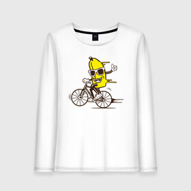 Женский лонгслив хлопок с принтом Банан на велосипеде в Санкт-Петербурге, 100% хлопок |  | байк | банан | бананчик | велик | велосипед | живой банан | спорт