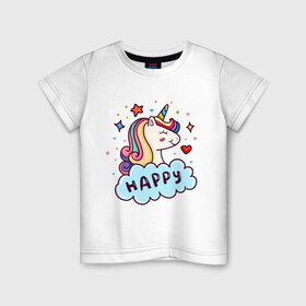 Детская футболка хлопок с принтом Счастливый единорог в Санкт-Петербурге, 100% хлопок | круглый вырез горловины, полуприлегающий силуэт, длина до линии бедер | cute | funny | pony | rainbow | unicorn | единорог | единорожка | милый | пони | радуга | счастливый