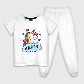 Детская пижама хлопок с принтом Счастливый единорог в Санкт-Петербурге, 100% хлопок |  брюки и футболка прямого кроя, без карманов, на брюках мягкая резинка на поясе и по низу штанин
 | Тематика изображения на принте: cute | funny | pony | rainbow | unicorn | единорог | единорожка | милый | пони | радуга | счастливый