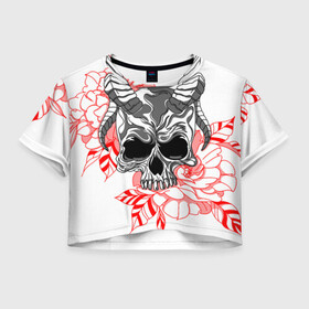 Женская футболка Crop-top 3D с принтом Череп с рогами в Санкт-Петербурге, 100% полиэстер | круглая горловина, длина футболки до линии талии, рукава с отворотами | рога | розы | сатана | цветы | череп | черепок
