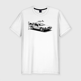 Мужская футболка хлопок Slim с принтом DeLorean в Санкт-Петербурге, 92% хлопок, 8% лайкра | приталенный силуэт, круглый вырез ворота, длина до линии бедра, короткий рукав | автомобиль | делориан | машина | парковка | черно белый