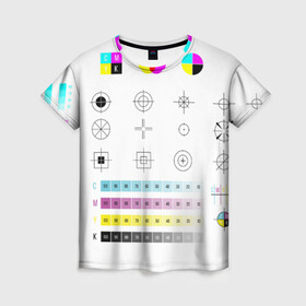 Женская футболка 3D с принтом CMYK в Санкт-Петербурге, 100% полиэфир ( синтетическое хлопкоподобное полотно) | прямой крой, круглый вырез горловины, длина до линии бедер | rgb | печать | подарок дизайнеру | полиграфия | помехи | принтер | тест