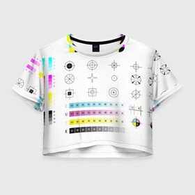 Женская футболка Crop-top 3D с принтом CMYK в Санкт-Петербурге, 100% полиэстер | круглая горловина, длина футболки до линии талии, рукава с отворотами | rgb | печать | подарок дизайнеру | полиграфия | помехи | принтер | тест