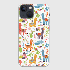 Чехол для iPhone 13 mini с принтом Ламы в Санкт-Петербурге,  |  | animals | art | background | cacti | flowers | llamas | texture | арт | животные | кактусы | ламы | текстура | фон | цветочки | цветы