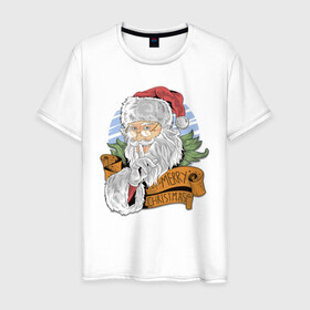 Мужская футболка хлопок с принтом Merry Christmas в Санкт-Петербурге, 100% хлопок | прямой крой, круглый вырез горловины, длина до линии бедер, слегка спущенное плечо. | Тематика изображения на принте: cанта | дед мороз | иллюстрация | рождество | сочельник