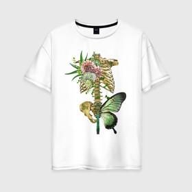 Женская футболка хлопок Oversize с принтом Внутренний мир в Санкт-Петербурге, 100% хлопок | свободный крой, круглый ворот, спущенный рукав, длина до линии бедер
 | art | бабочка | иллюстрация | скелет | цветы