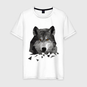 Мужская футболка хлопок с принтом Полигональный Волк в Санкт-Петербурге, 100% хлопок | прямой крой, круглый вырез горловины, длина до линии бедер, слегка спущенное плечо. | волк | дикий | животные | зверь | одинокий | полигональный
