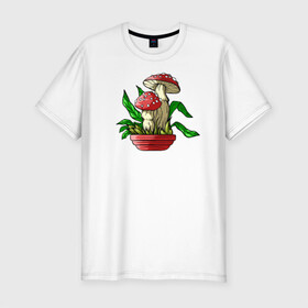 Мужская футболка хлопок Slim с принтом Мой гриб в Санкт-Петербурге, 92% хлопок, 8% лайкра | приталенный силуэт, круглый вырез ворота, длина до линии бедра, короткий рукав | art | горшок | гриб | иллюстрация | мухомор