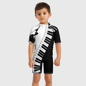 Детский купальный костюм 3D с принтом Черно Белое пианино  в Санкт-Петербурге, Полиэстер 85%, Спандекс 15% | застежка на молнии на спине | барабаны | музыка | пианино | черно белое