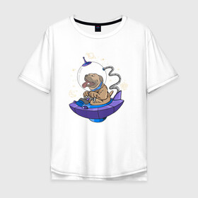 Мужская футболка хлопок Oversize с принтом Пес космонавт в Санкт-Петербурге, 100% хлопок | свободный крой, круглый ворот, “спинка” длиннее передней части | Тематика изображения на принте: cute | dog | woof | астронавт | гав | забавный | космонавт | космос | пес | смешной | собака