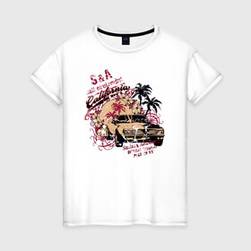 Женская футболка хлопок с принтом California в Санкт-Петербурге, 100% хлопок | прямой крой, круглый вырез горловины, длина до линии бедер, слегка спущенное плечо | авто | автомобиль | иллюстрация | машина | пальмы