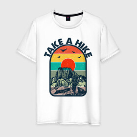 Мужская футболка хлопок с принтом Take A Hike в Санкт-Петербурге, 100% хлопок | прямой крой, круглый вырез горловины, длина до линии бедер, слегка спущенное плечо. | hike | горы | закат | иллюстрация | птицы