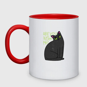 Кружка двухцветная с принтом Are you kitten me | Чёрный кот в Санкт-Петербурге, керамика | объем — 330 мл, диаметр — 80 мм. Цветная ручка и кайма сверху, в некоторых цветах — вся внутренняя часть | big eyes | black cat | fear | funny cat | joking | kitten | kitty | игра слов | испуг | киса | кот с большими глазами | котёнок | котик | котики | кошка | кошки | милый котик | не шути со мной | прикол | рисунок | тёмный кот
