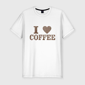 Мужская футболка хлопок Slim с принтом Я люблю кофе в Санкт-Петербурге, 92% хлопок, 8% лайкра | приталенный силуэт, круглый вырез ворота, длина до линии бедра, короткий рукав | Тематика изображения на принте: coffee | кофе | кофейные зёрна | любовь | сердце