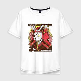 Мужская футболка хлопок Oversize с принтом Японский кот самурай в Санкт-Петербурге, 100% хлопок | свободный крой, круглый ворот, “спинка” длиннее передней части | art | cat | cyberpunk samurai | ninja | oni | ronin | samurai | shogun | yakuza | арт | воин | воитель | киберпанк самурай | кошка | мерч | прикол | путь воина | путь война | ронин | сёгун | сепукку | токио | харакири | черный самурай