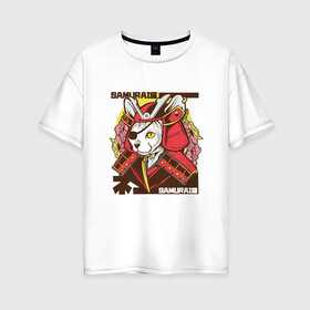 Женская футболка хлопок Oversize с принтом Японский кот самурай в Санкт-Петербурге, 100% хлопок | свободный крой, круглый ворот, спущенный рукав, длина до линии бедер
 | Тематика изображения на принте: art | cat | cyberpunk samurai | ninja | oni | ronin | samurai | shogun | yakuza | арт | воин | воитель | киберпанк самурай | кошка | мерч | прикол | путь воина | путь война | ронин | сёгун | сепукку | токио | харакири | черный самурай