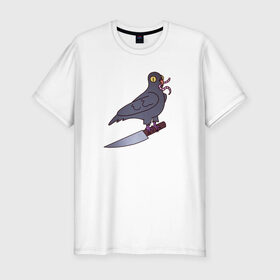 Мужская футболка хлопок Slim с принтом Опасный голубь в Санкт-Петербурге, 92% хлопок, 8% лайкра | приталенный силуэт, круглый вырез ворота, длина до линии бедра, короткий рукав | голубь | крылья | нож | перья | полёт | птица | червяк