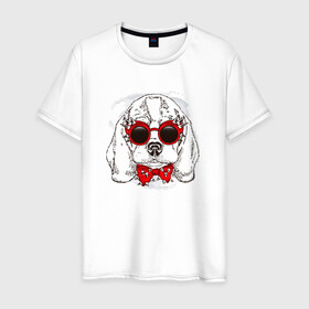 Мужская футболка хлопок с принтом Собака в очках в Санкт-Петербурге, 100% хлопок | прямой крой, круглый вырез горловины, длина до линии бедер, слегка спущенное плечо. | dog | в очках | крутой | мопс | пес | с бантиком | собака | шипы | щенок