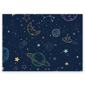 Поздравительная открытка с принтом Космическая одиссея в Санкт-Петербурге, 100% бумага | плотность бумаги 280 г/м2, матовая, на обратной стороне линовка и место для марки
 | background | галактика | звёзды | иллюстрация | луна | планеты