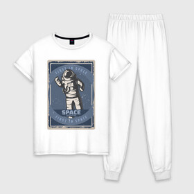 Женская пижама хлопок с принтом First In Space в Санкт-Петербурге, 100% хлопок | брюки и футболка прямого кроя, без карманов, на брюках мягкая резинка на поясе и по низу штанин | art | first | астронавт | галактика | иллюстрация