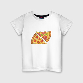 Детская футболка хлопок с принтом Два кусочка пиццы  в Санкт-Петербурге, 100% хлопок | круглый вырез горловины, полуприлегающий силуэт, длина до линии бедер | chees | cheesy | fast food | fastfood | food | love | margarita | pepperoni | pizza | pizza lover | pizza margherita | slice | two pizza slices | базилик | колбаса | колбаска | люблю пиццу | любовь | маргарита | овощи | пепперони | помидоры | сыр | тянущи