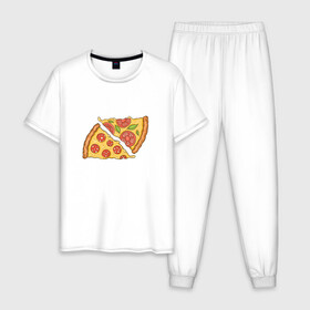 Мужская пижама хлопок с принтом Два кусочка пиццы  в Санкт-Петербурге, 100% хлопок | брюки и футболка прямого кроя, без карманов, на брюках мягкая резинка на поясе и по низу штанин
 | Тематика изображения на принте: chees | cheesy | fast food | fastfood | food | love | margarita | pepperoni | pizza | pizza lover | pizza margherita | slice | two pizza slices | базилик | колбаса | колбаска | люблю пиццу | любовь | маргарита | овощи | пепперони | помидоры | сыр | тянущи